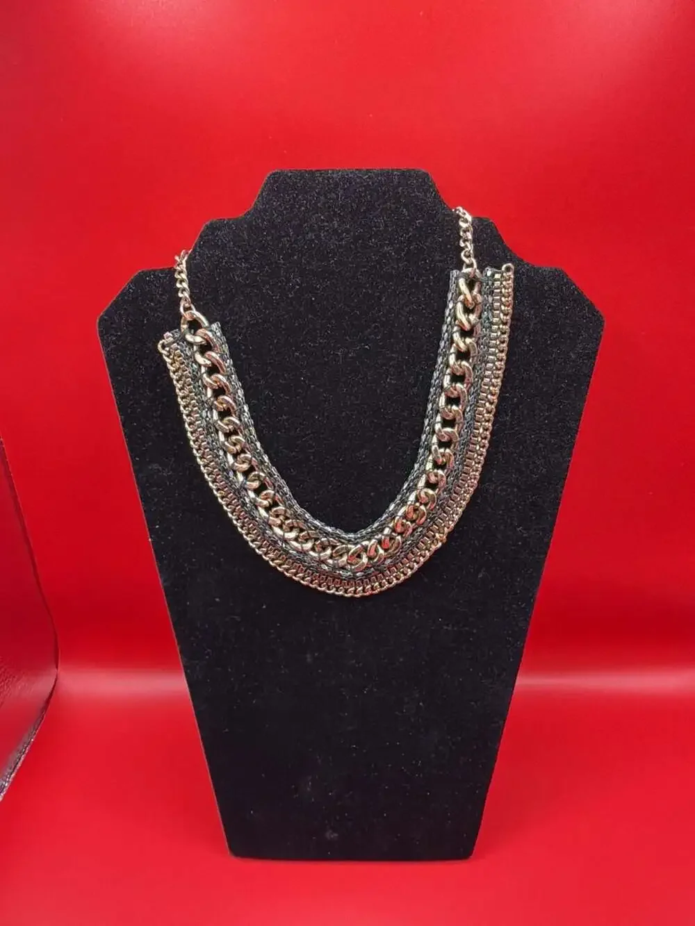 Layered Statement Necklace Multi-Chain Metal and Mesh Collar